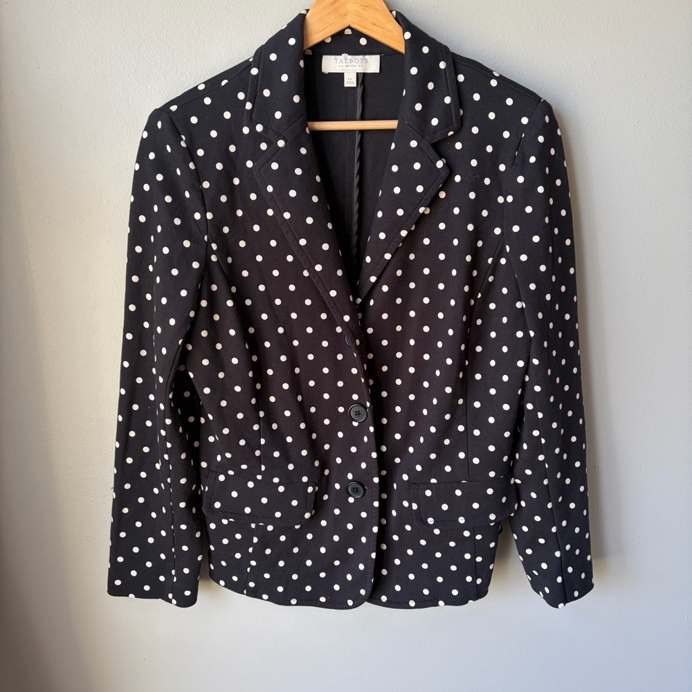 Talbots Womens Polka Dot Blazer Black And White Size Large Petite Button Front‎